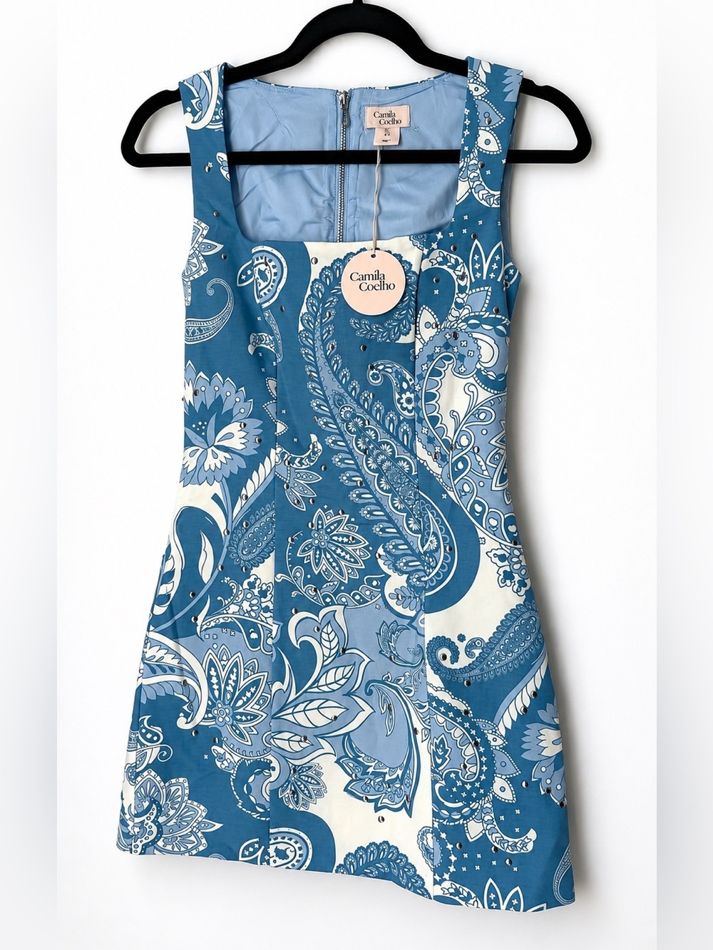 New ✧💎 Camila Coelho💎✧ Blue and white Paisley silver stud  Mini Dress  4